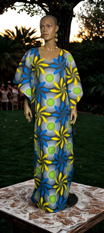 African-Gray-Yellow-Blue-Drop-Cape-Dress