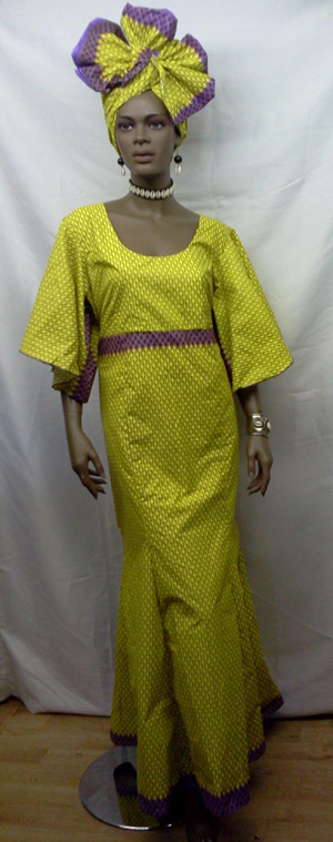 African Dress Elegant African Yellow Purple Print Dress w matching headwrap