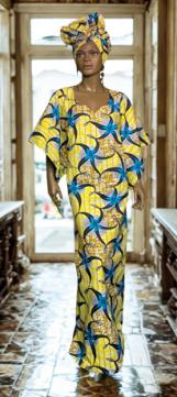 African Yellow Blue Drop Cape Dress