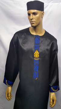 African Shirt- Black Dashiki Shirt with Blue Yellow Trim.