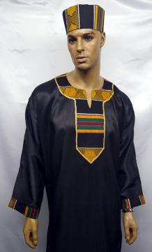 African Dashiki Shirt- Black Kente Trim Embroidery.