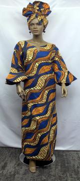 African-Blue-Rust-Colored-Bell-Sleeve-Dress
