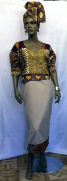 African Elegant Two Toned Print Dress w/Headwrap Set