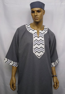 African Dashiki Shirt- Gray Abstract Print Embroidery.