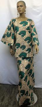 African Tan Green Bell Sleeve Skirt Set
