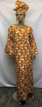African Orange Olive Green  Dress