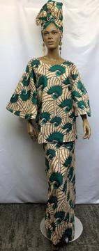 African-Tan-Green-Bell-Sleeve-Skirt-Set