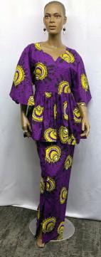 African Purple Yellow Peplum Skirt Set