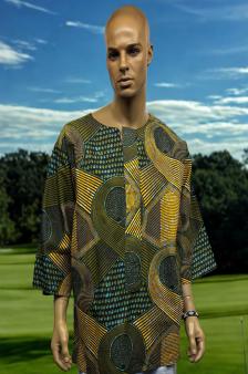 African Teal Yellow Kari Print Dashiki Shirt