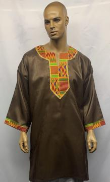  Dashiki Shirt-  Brown Kente Trimmed w/Gold Embroidery.