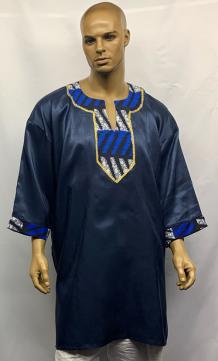 African Dashiki Shirt- Navy Blue Trimmed Embroidery.