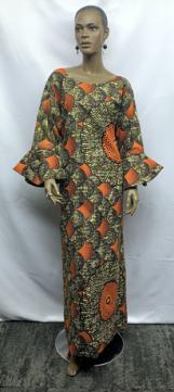 African Orange Brown Bell Sleeve Dress