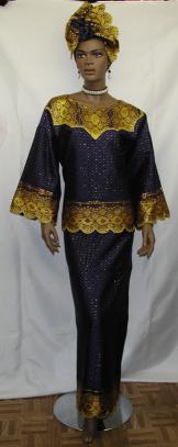 African Dress- Blue and Gold Scallop  Neck Skirt set
